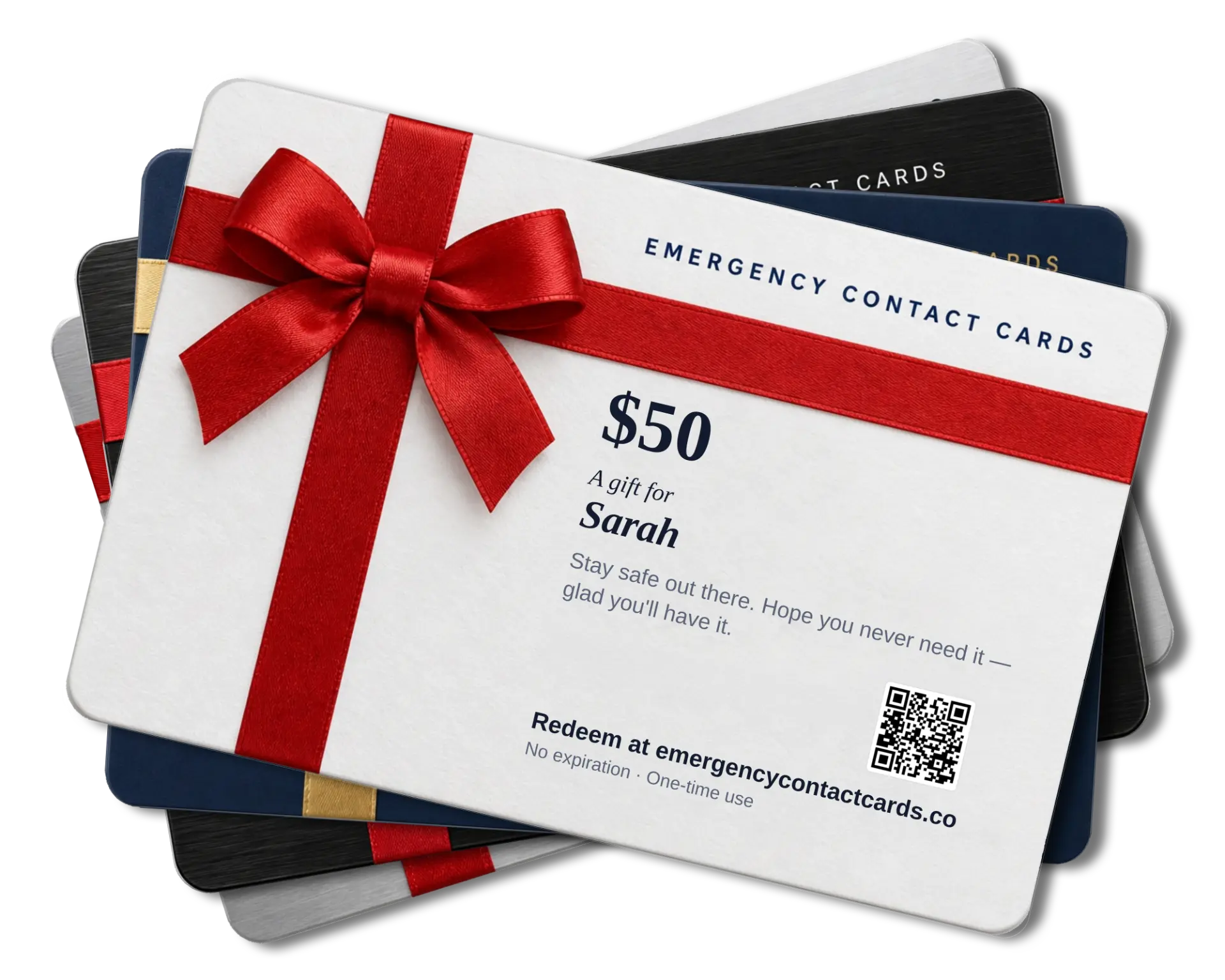 E-gift card designs — stacked and rotated gift cards with ribbon and bow